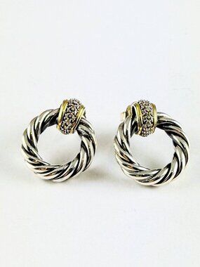 DAVID YURMAN SS & 18K DIAMOND DOORKNOCKER EARRINGS